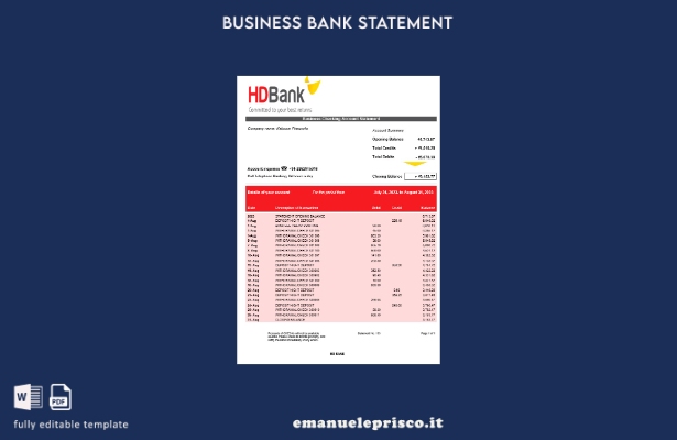 modello di modello Word e PDF dell'estratto conto della società HD Bank in stile